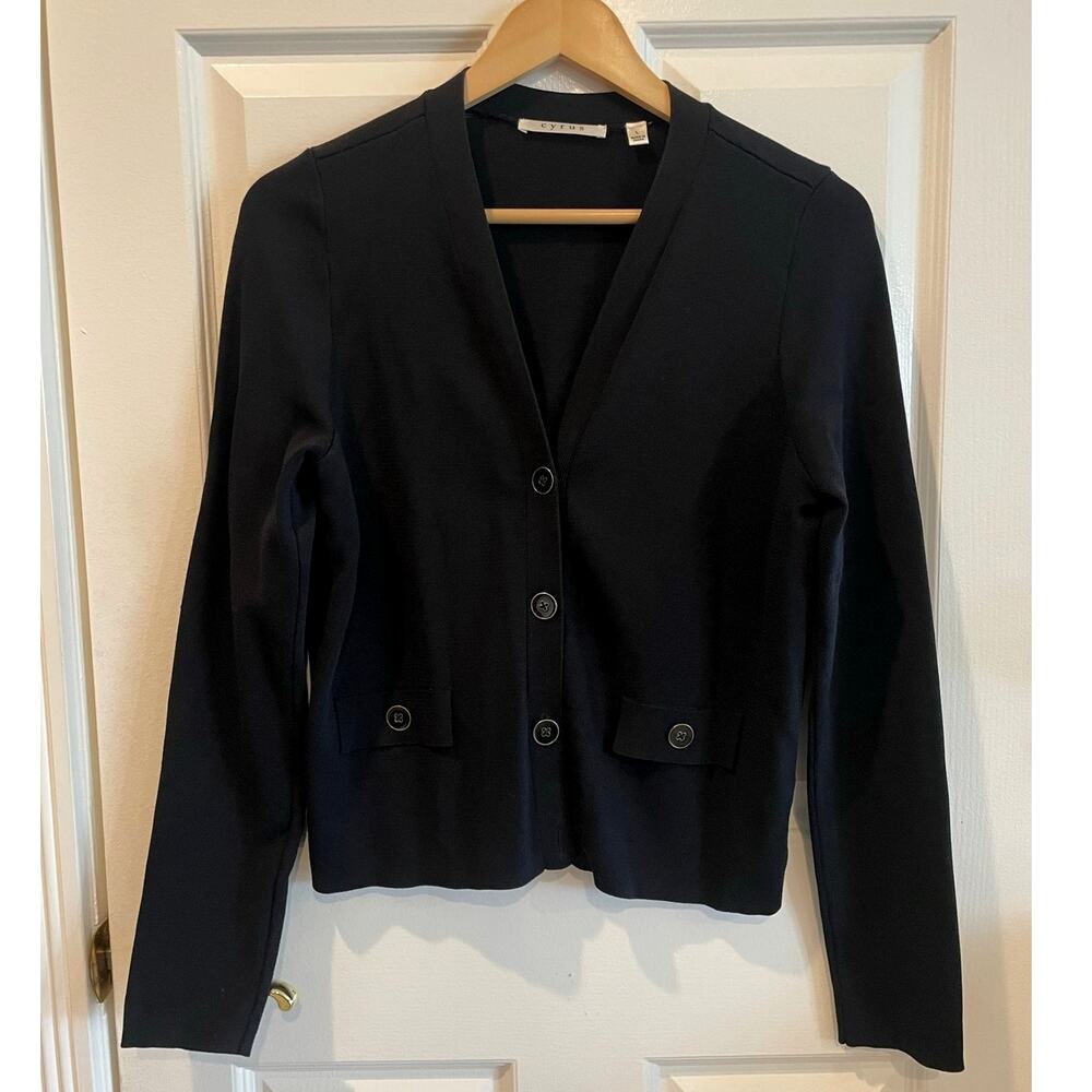 Cyrus Black Tailored V Neck Knit Cardigan Sweater Button Front Size Large